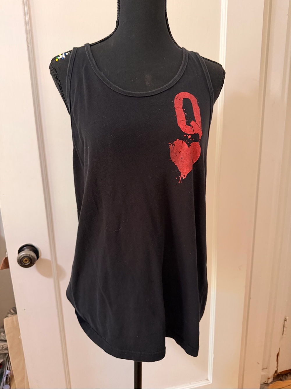 Women's Black Tank Top with Red Heart Graphic - worn look
